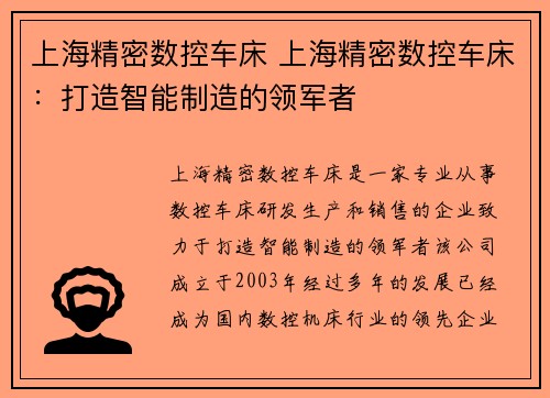 上海精密数控车床 上海精密数控车床：打造智能制造的领军者